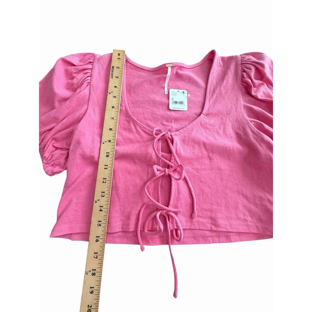 FREE PEOPLE Top Women's Sz Small Kitty Puff Sleeve Crop Top Ties Pink #FFF10-2